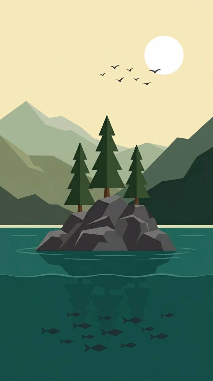 Minimalist Flat Illustration of an Island Lake with Fish and Birds - Free Mobile AMOLED Wallpaper Background