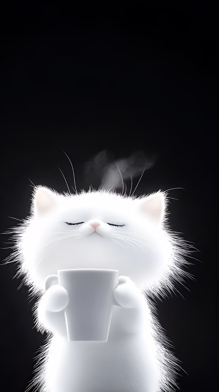 Minimalist Fluffy White Cat Enjoying Morning Coffee Mug - Free Mobile AMOLED Wallpaper Background