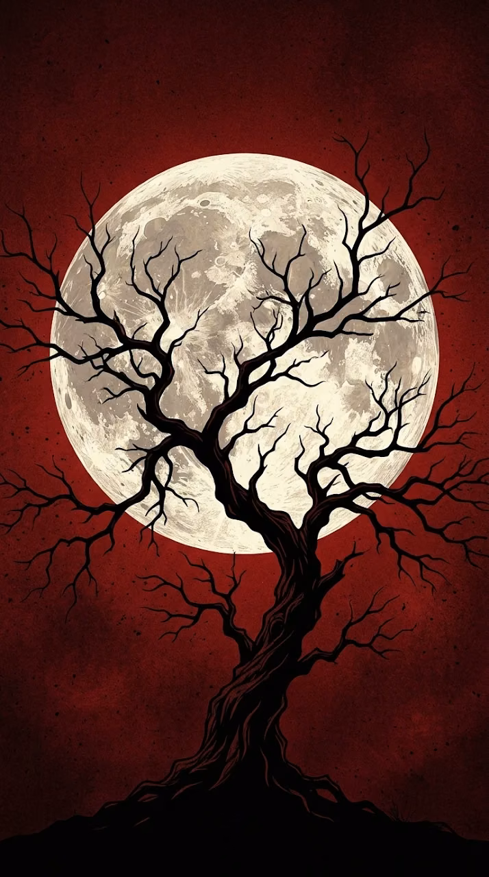 Minimalist Full Moon Silhouette and Red Gothic Background - Free Mobile AMOLED Wallpaper Background