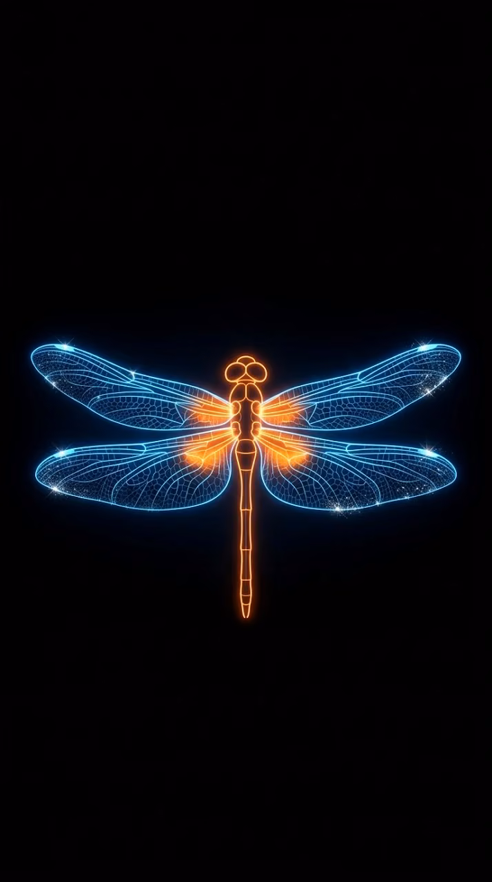 Minimalist Glowing Neon Blue and Orange Dragonfly on Black - Free Mobile AMOLED Wallpaper Background
