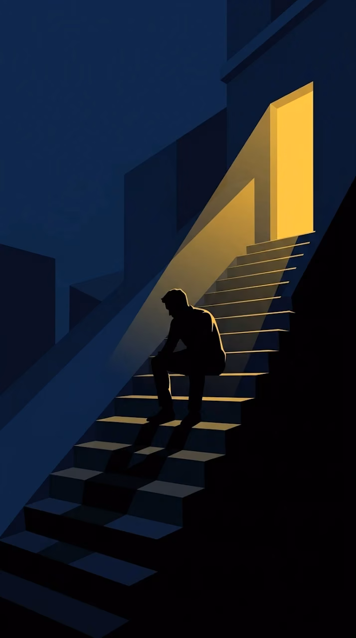 Minimalist Graphic Illustration of a Silhouette Man on City Steps - Free Mobile AMOLED Wallpaper Background