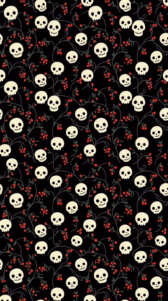 Minimalist Halloween Cartoon Skulls and Red Berries Seamless Pattern - Free Mobile AMOLED Wallpaper Background