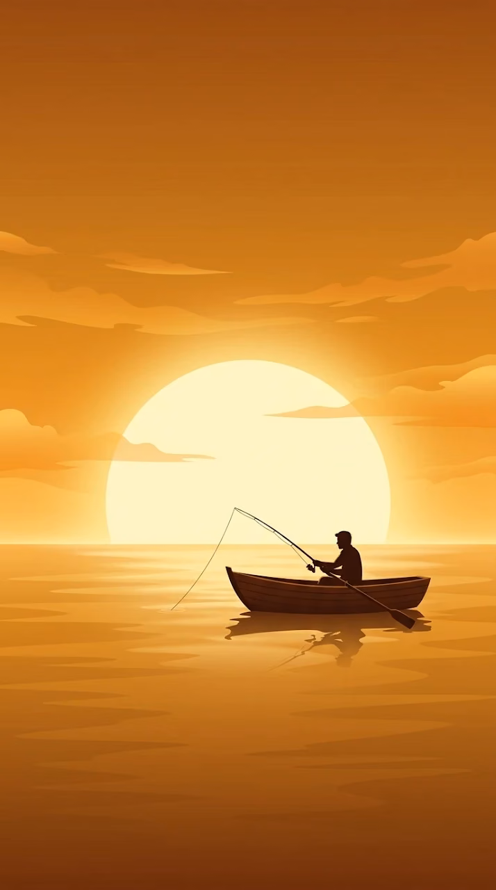 Minimalist Illustration of a Fisherman in a Boat at Golden Sunset - Free Mobile AMOLED Wallpaper Background