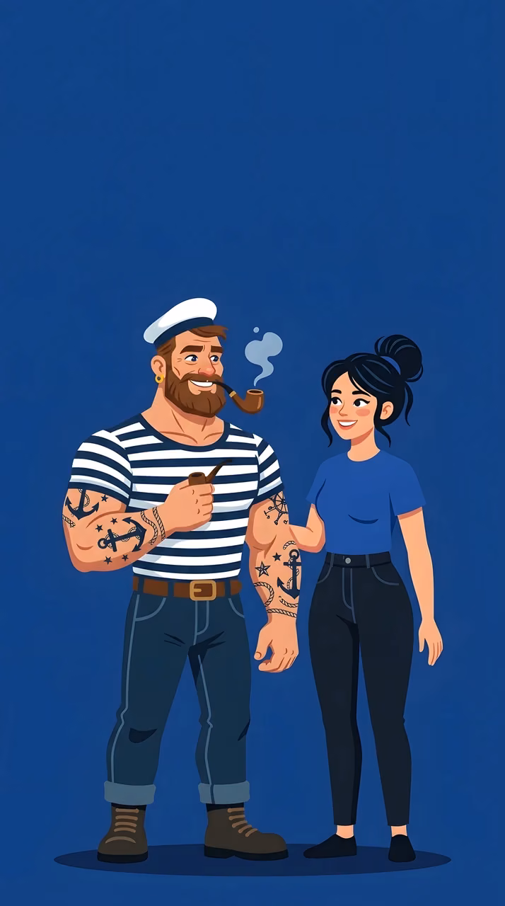 Minimalist Illustration of Sailor and Woman - Free Mobile AMOLED Wallpaper Background