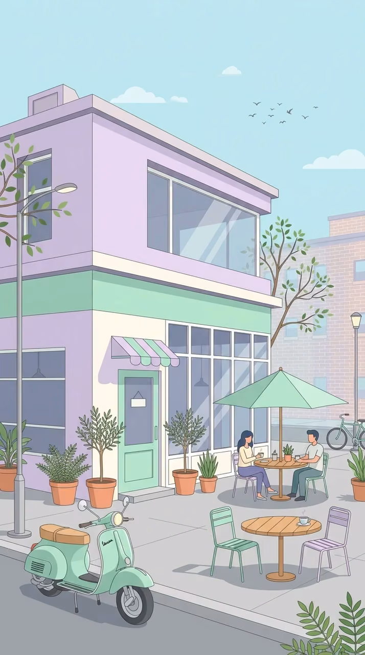 Download Minimalist Illustration of a Trendy Urban Café with Lavender and Mint Facade Wallpaper in Mobile HD Minimalist Illustration of a Trendy Urban Café with Lavender and Mint Facade - Free Mobile AMOLED Wallpaper Background