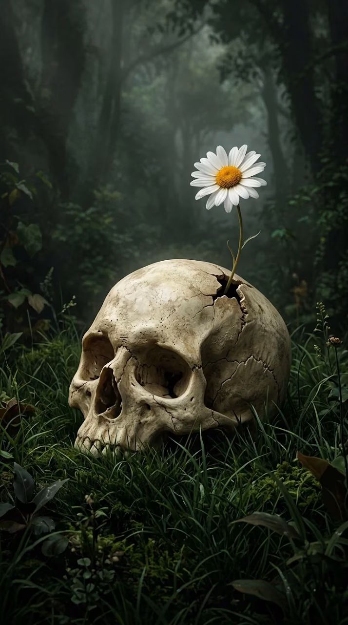 Download Minimalist Illustration of a White Daisy Growing out of a Human Skull Wallpaper in Mobile HD Minimalist Illustration of a White Daisy Growing out of a Human Skull - Free Mobile AMOLED Wallpaper Background