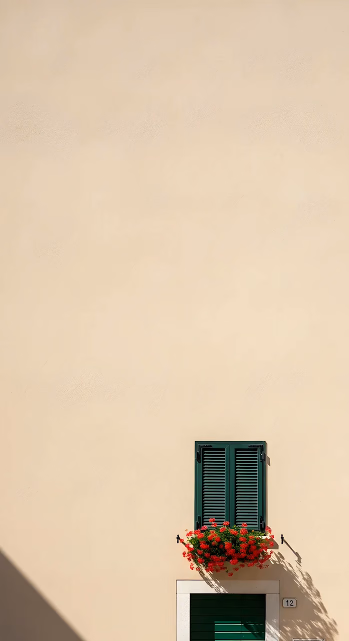Minimalist Italian Stucco Wall Green Shutters Geraniums - Free Mobile AMOLED Wallpaper Background