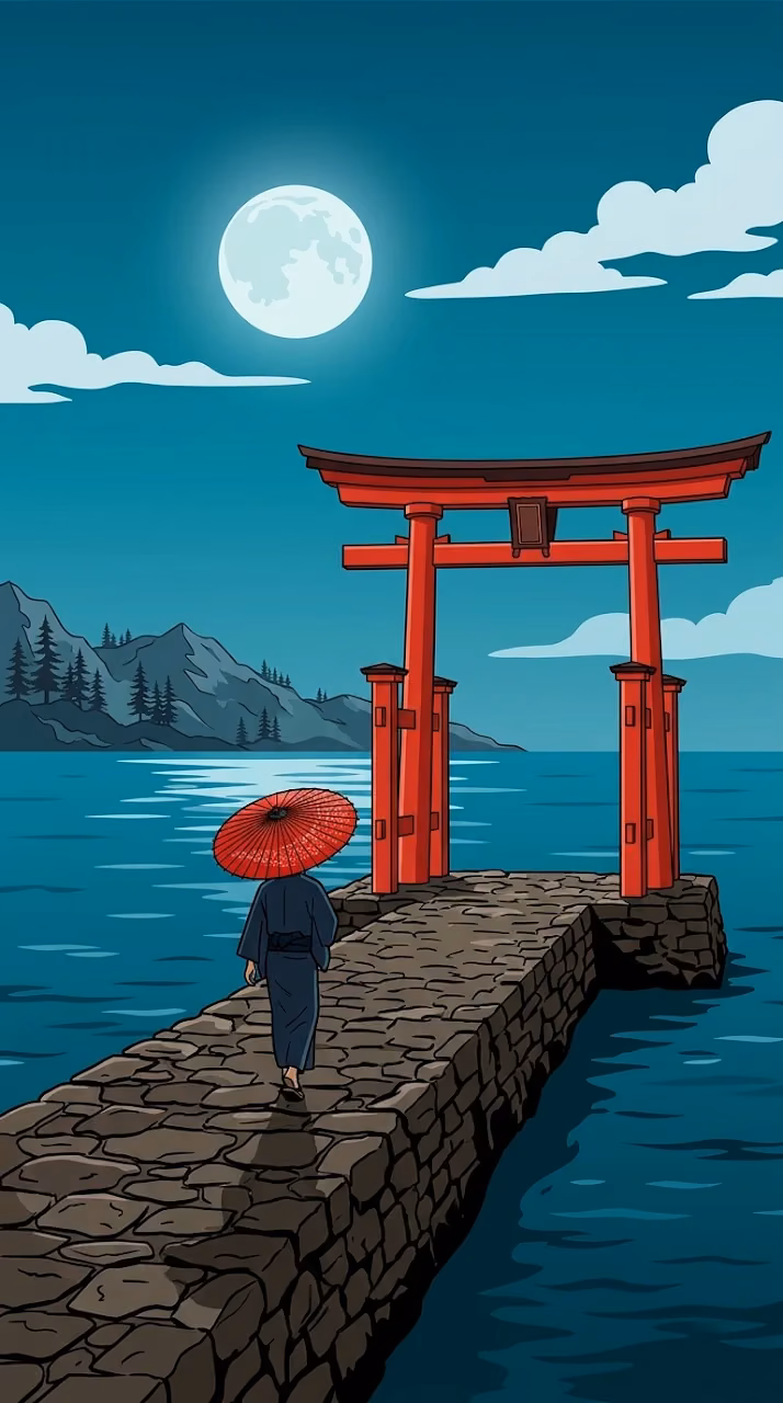Minimalist Japanese Torii Gate at Ocean Sunset Illustration - Free Mobile AMOLED Wallpaper Background
