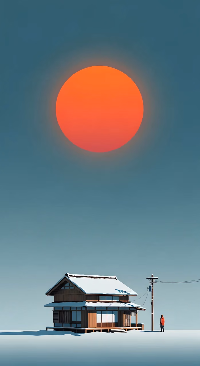 Minimalist Japanese Winter House Giant Orange Sun - Free Mobile AMOLED Wallpaper Background