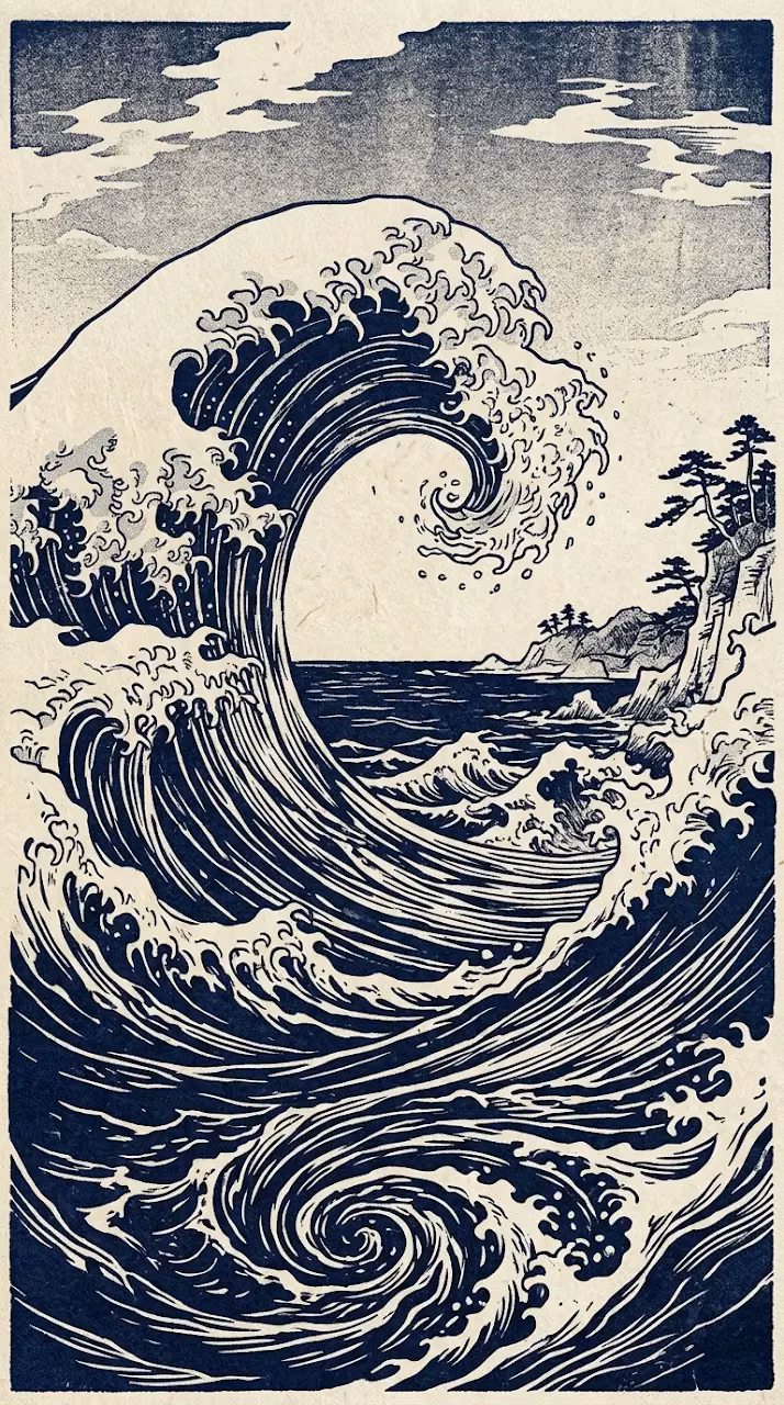 Download Minimalist Japanese Woodblock Indigo Ocean Wave Background Wallpaper in Mobile HD Minimalist Japanese Woodblock Indigo Ocean Wave Background - Free Mobile AMOLED Wallpaper Background
