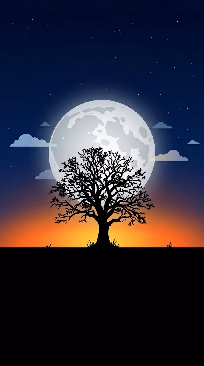 Download Minimalist Landscape with Lone Tree Silhouette and Rising Full Moon Wallpaper in Mobile HD Minimalist Landscape with Lone Tree Silhouette and Rising Full Moon - Free Mobile AMOLED Wallpaper Background