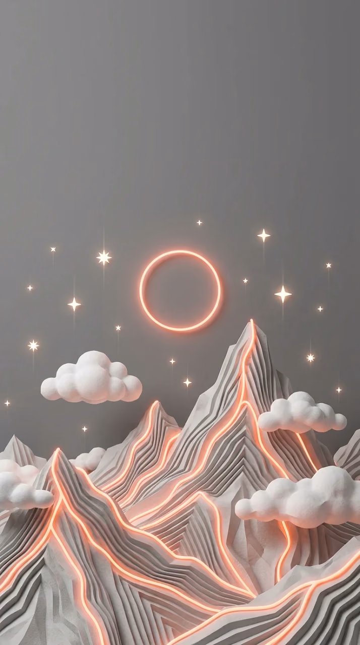 Minimalist Layered papercraft Mountains with Glowing Neon Paths - Free Mobile AMOLED Wallpaper Background