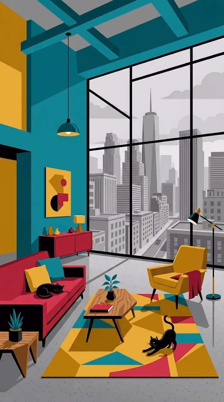 Minimalist Loft Interior with City View and Black Cats - Free Mobile AMOLED Wallpaper Background