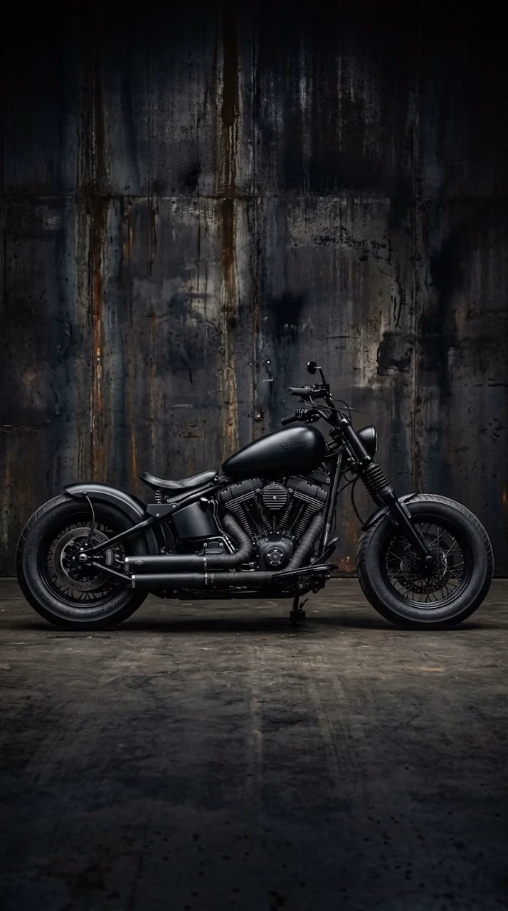 Minimalist Matte Black Custom Cruiser Motorcycle - Free Mobile AMOLED Wallpaper Background