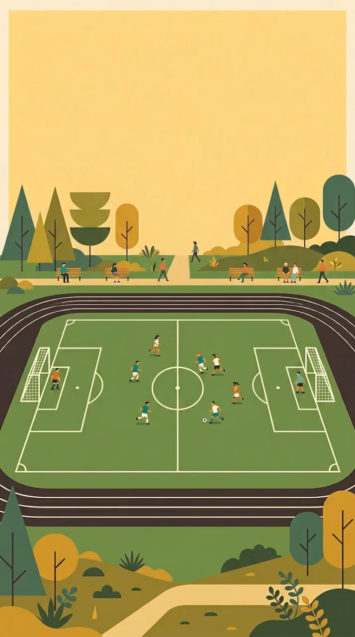 Download Minimalist Mid-Century Park Soccer Field Illustration Wallpaper in Mobile HD Minimalist Mid-Century Park Soccer Field Illustration - Free Mobile AMOLED Wallpaper Background