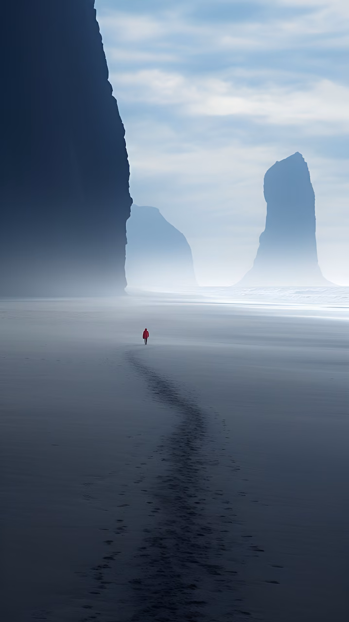 Download Minimalist Misty Beach Seascape Lone Red Figure Cliffs Wallpaper in Mobile HD Minimalist Misty Beach Seascape Lone Red Figure Cliffs - Free Mobile AMOLED Wallpaper Background