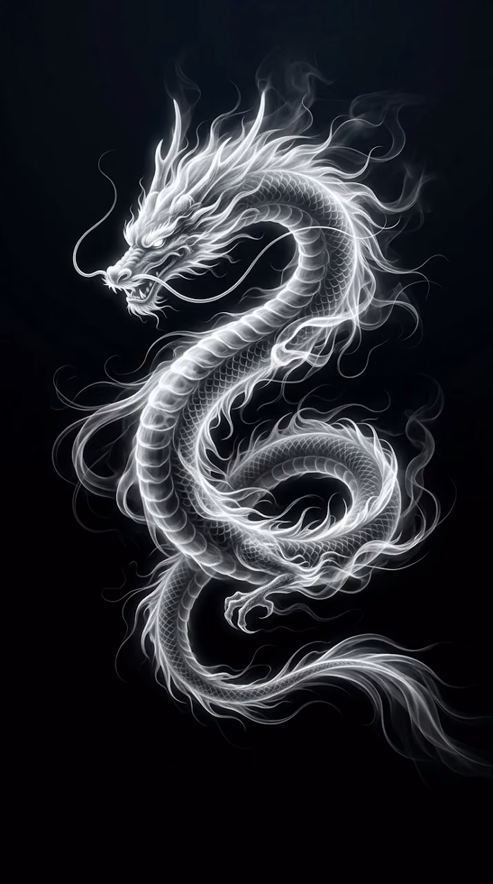 Minimalist Monochrome Wispy Dragon Illustration - Free Mobile AMOLED Wallpaper Background