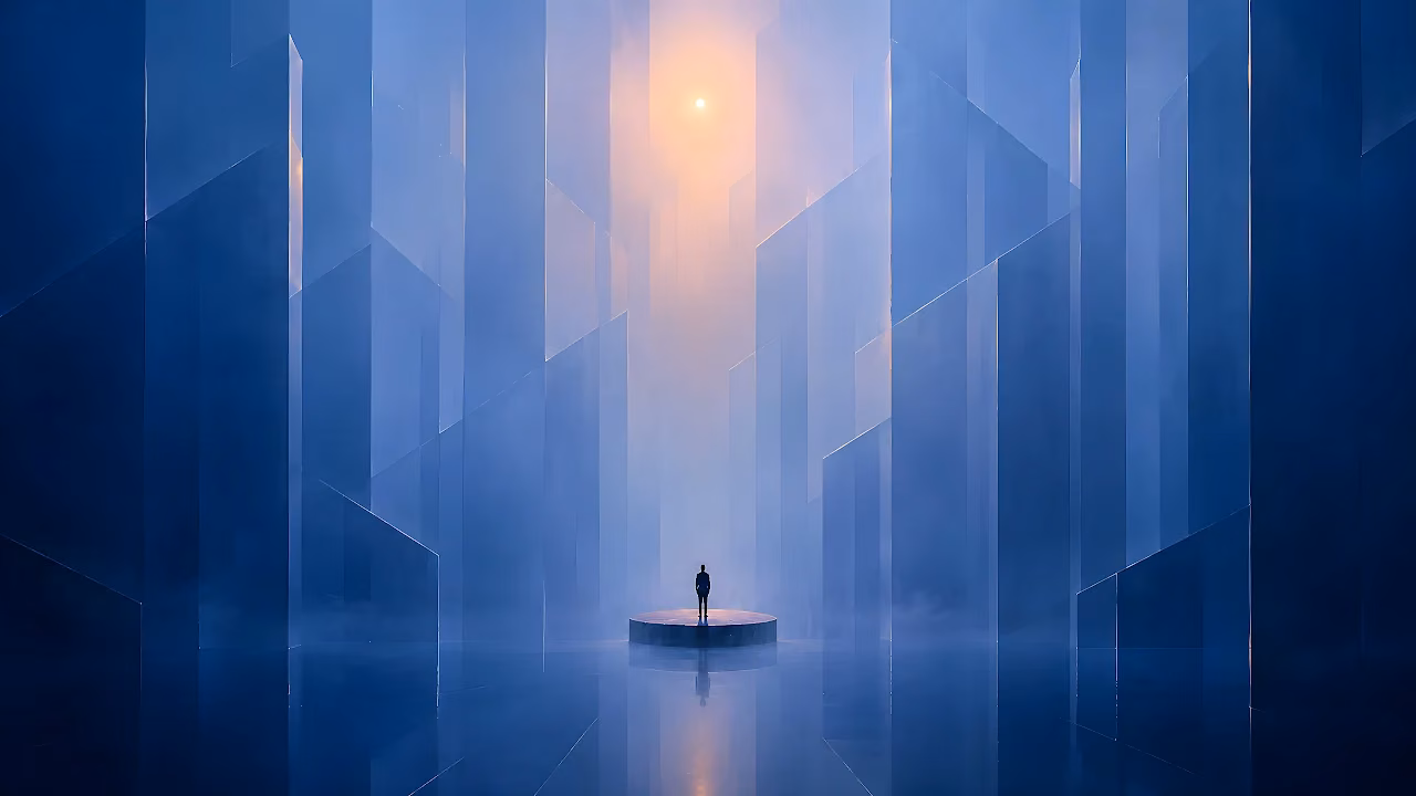 Download Minimalist Sci-Fi Monolith Hall Silhouette 4K Wallpaper in 4K UHD Silhouette of a person standing on a round pedestal in a vast misty hall filled with blue geometric monoliths.