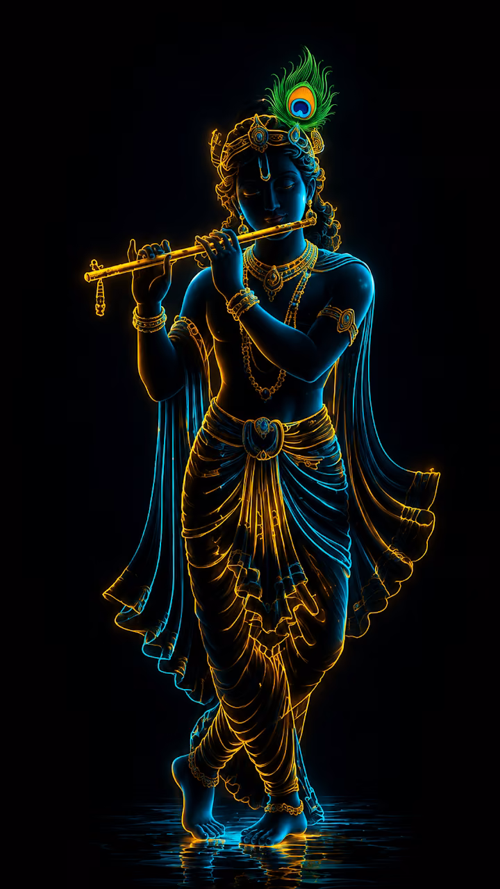 Minimalist Neon Line Art of Lord Krishna with Flute - Free Mobile AMOLED Wallpaper Background