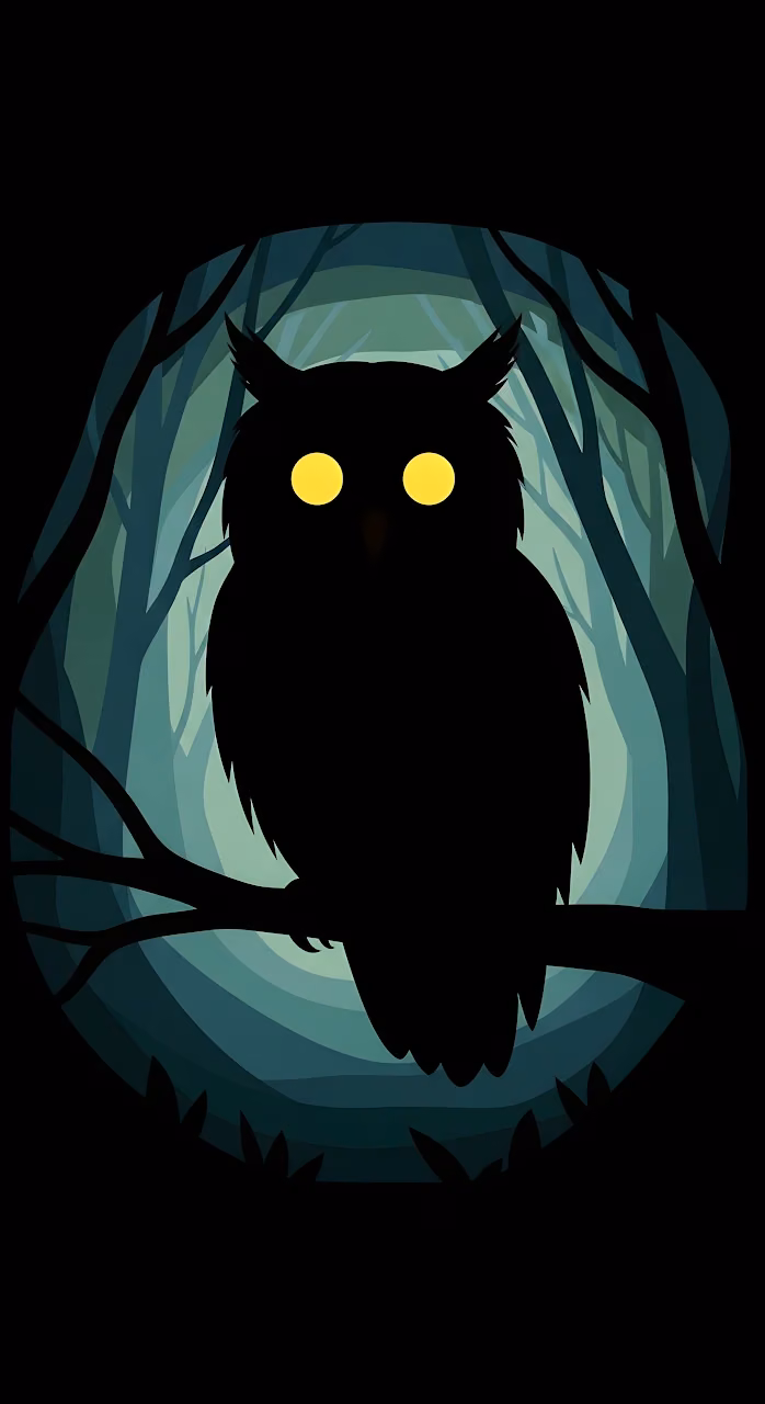 Minimalist Owl Silhouette with Glowing Yellow Eyes at Night - Free Mobile AMOLED Wallpaper Background