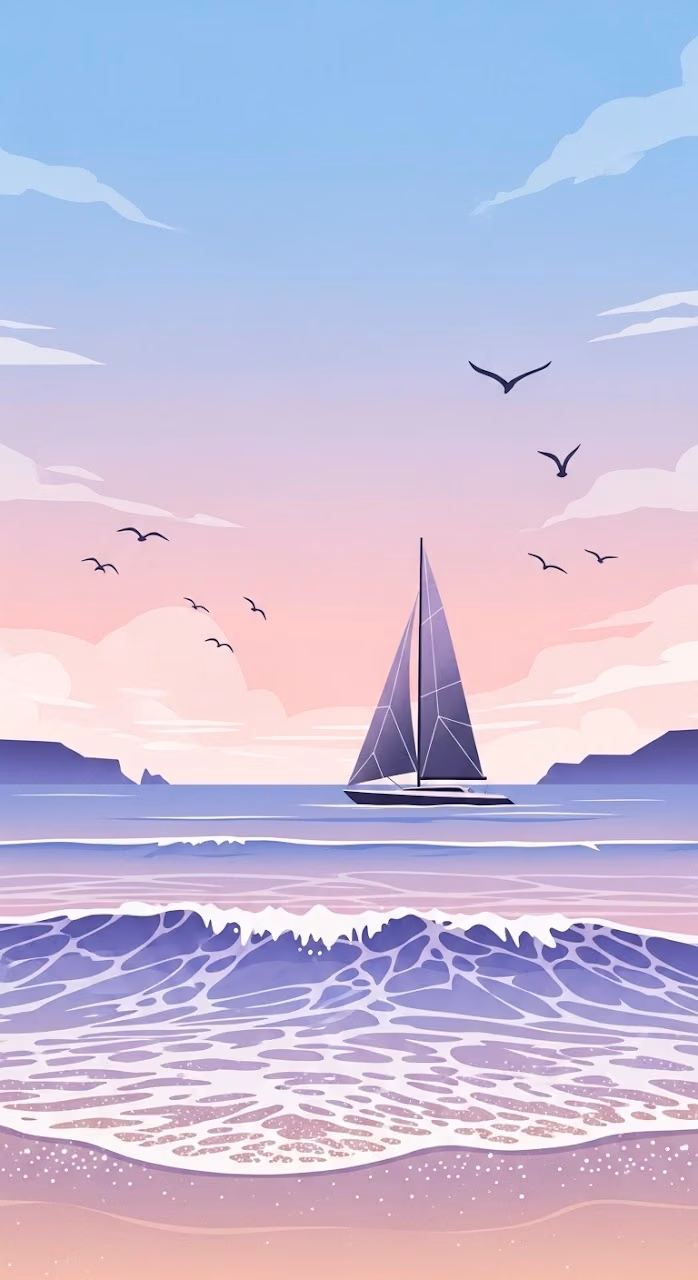 Minimalist Pastel Seascape with Geometric Sailboat - Free Mobile AMOLED Wallpaper Background