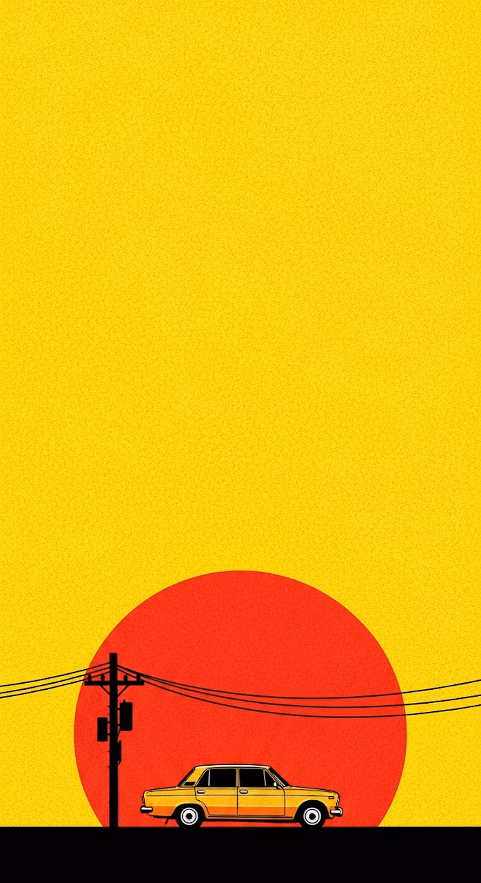 Minimalist Pop Art Illustration of a Vintage Car Against a Large Orange Sun and Grainy Yellow Background - Free Mobile AMOLED Wallpaper Background