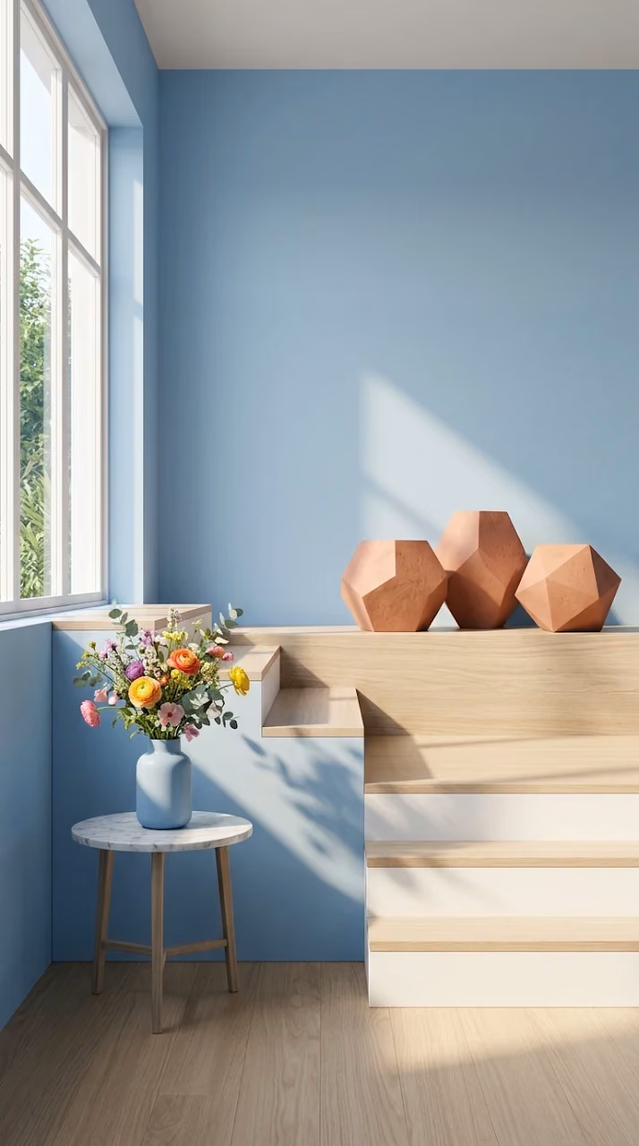 Minimalist Powder Blue Room with Terracotta Geometric Sculptures - Free Mobile AMOLED Wallpaper Background