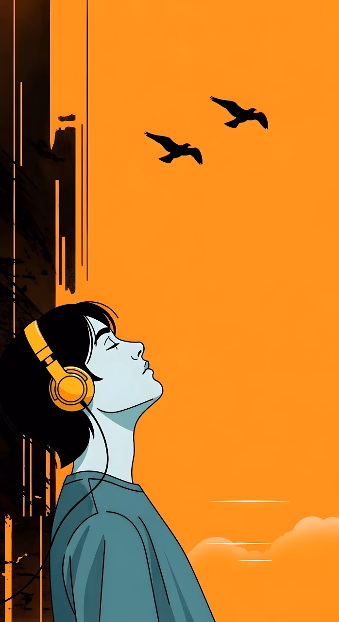 Minimalist Profile Art Man Listening Music Orange Sky - Free Mobile AMOLED Wallpaper Background