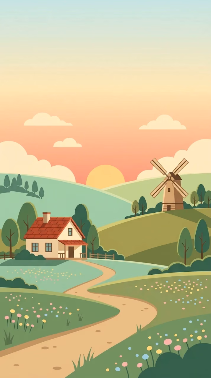 Minimalist Retro Illustration of a Farmhouse and Windmill at Sunrise - Free Mobile AMOLED Wallpaper Background
