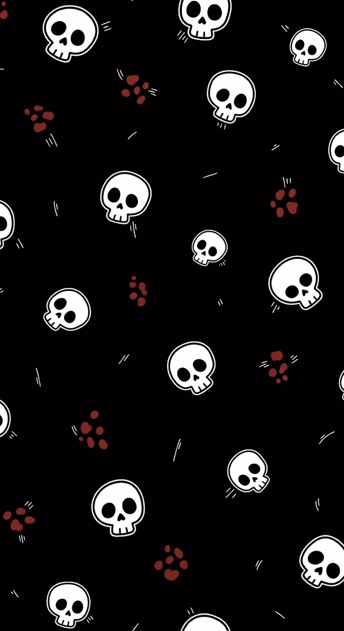 Minimalist Seamless Pattern of Scattered Cartoon Skulls on a Black Background - Free Mobile AMOLED Wallpaper Background