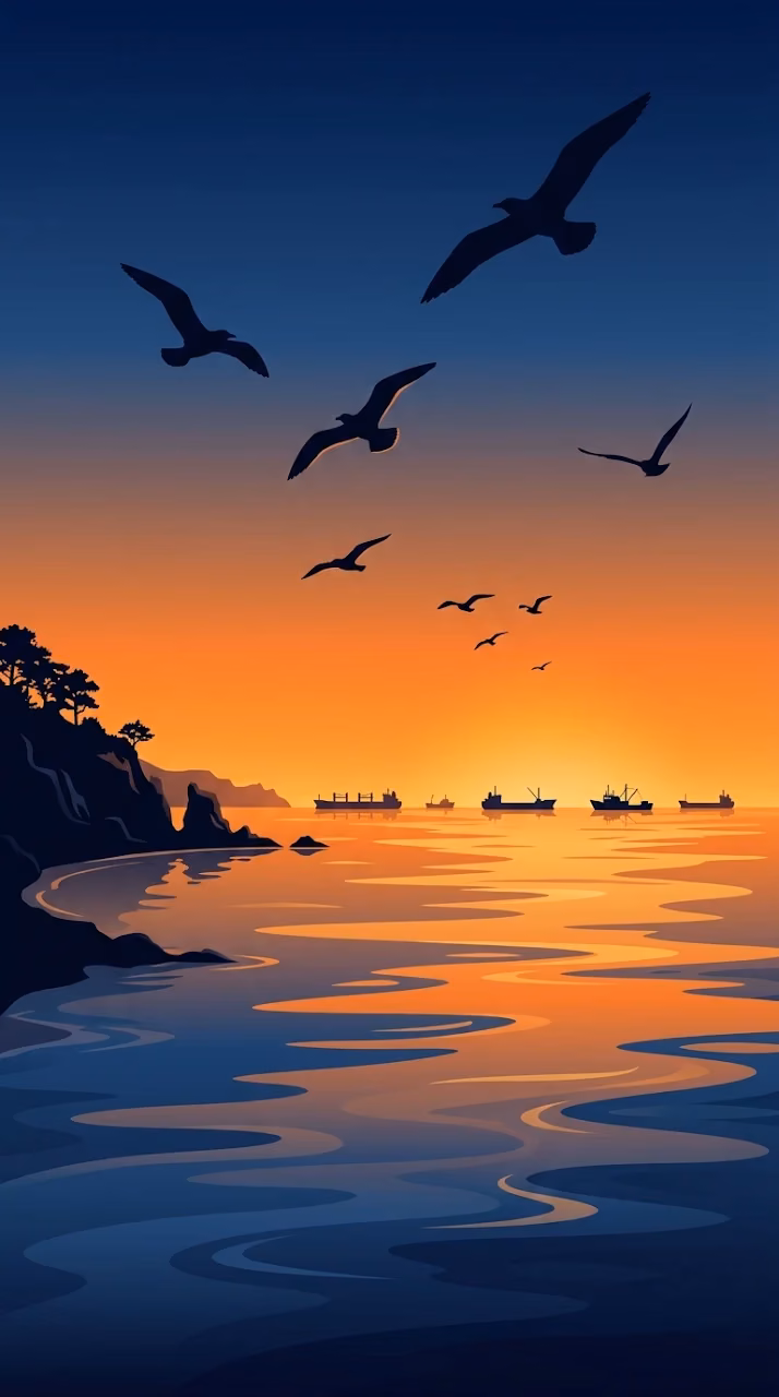 Minimalist Seascape at Dusk with Seagull Silhouettes and Ships - Free Mobile AMOLED Wallpaper Background