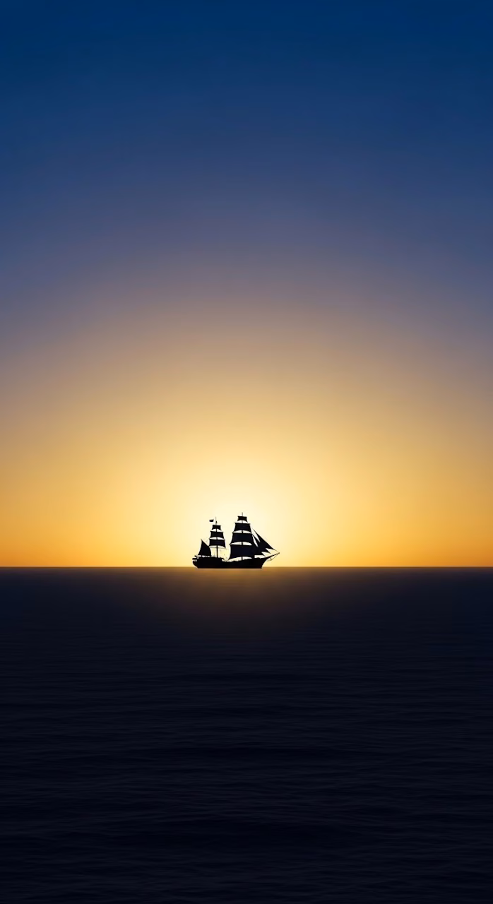 Minimalist Ship Silhouette on a Golden Gradient Sea - Free Mobile AMOLED Wallpaper Background