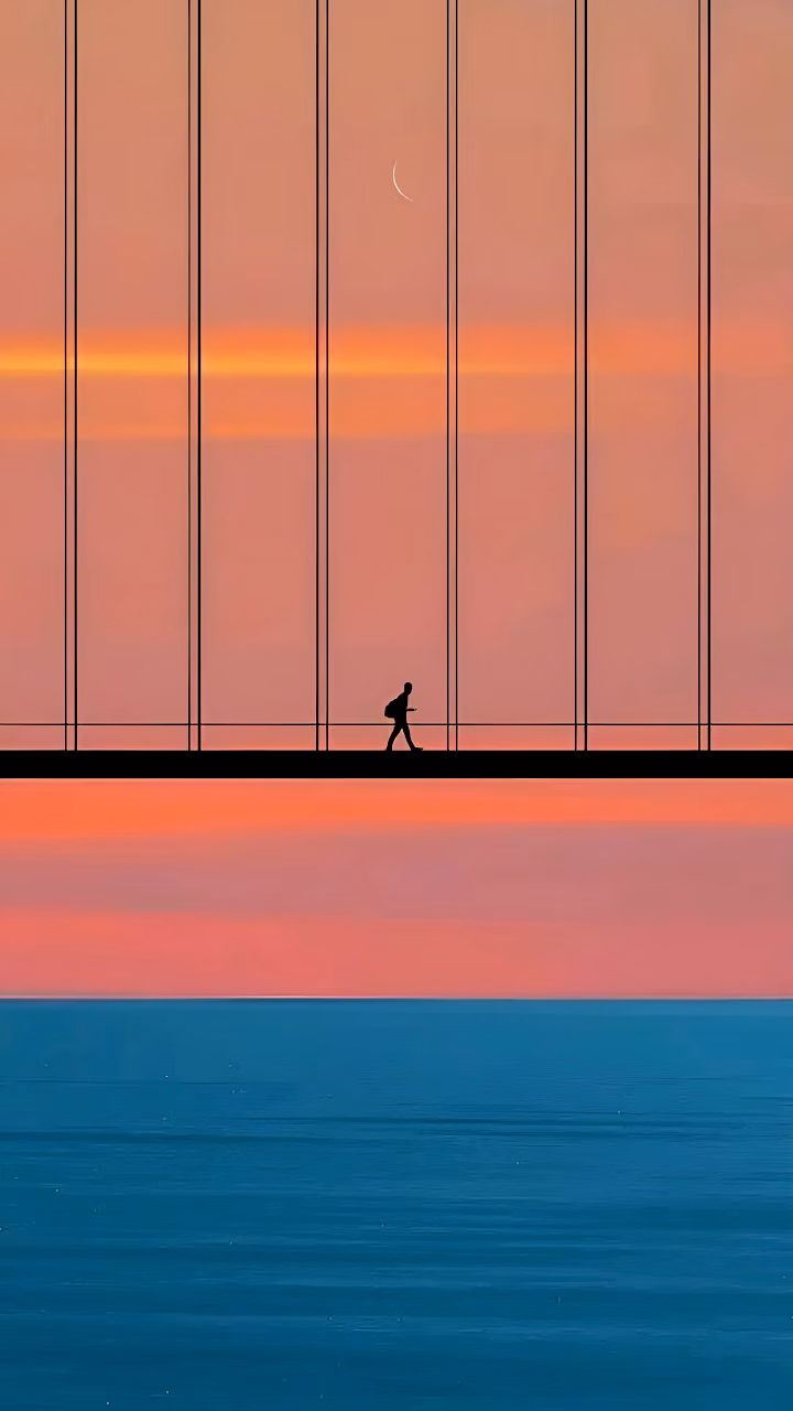 Minimalist Silhouette Bridge Walk Pink Sky Teal Water - Free Mobile AMOLED Wallpaper Background
