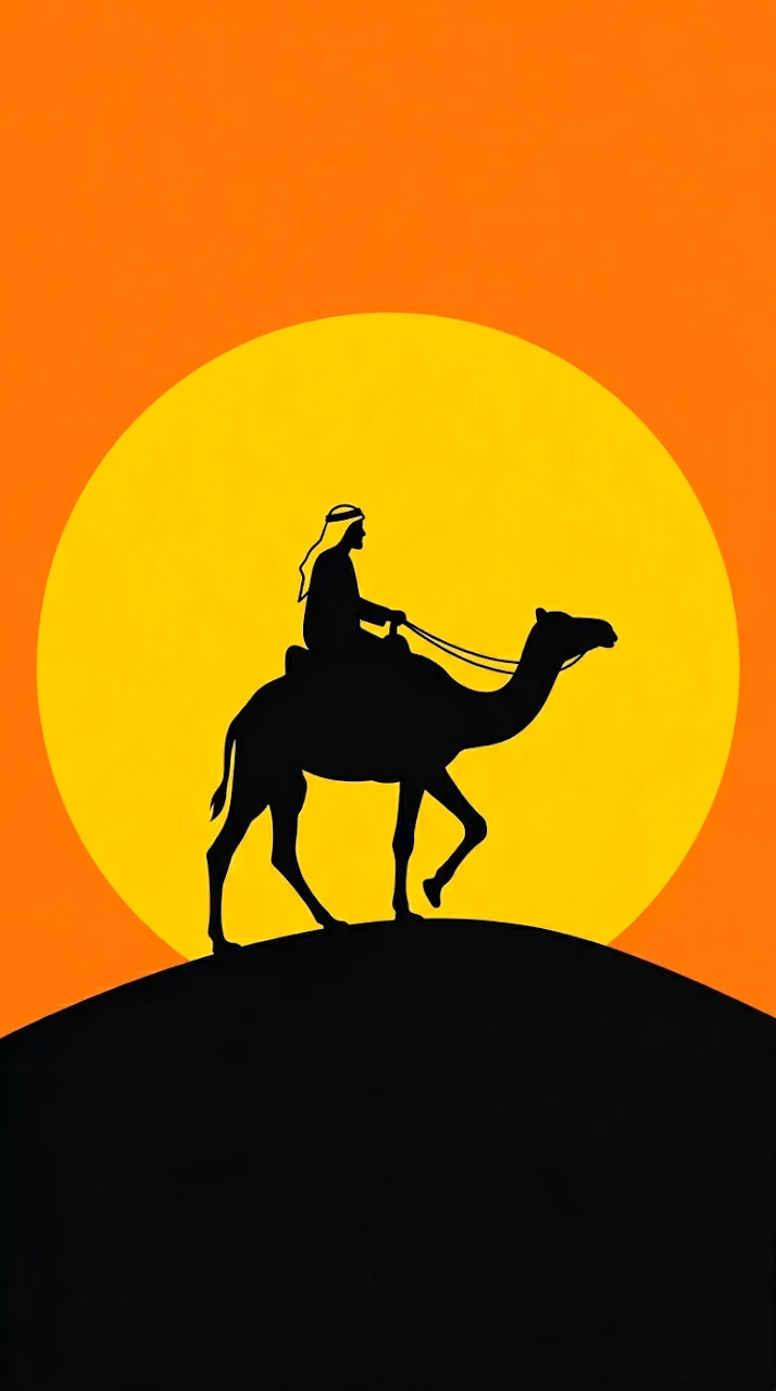 Minimalist Silhouette Illustration of a Camel Rider Against a Giant Sun - Free Mobile AMOLED Wallpaper Background