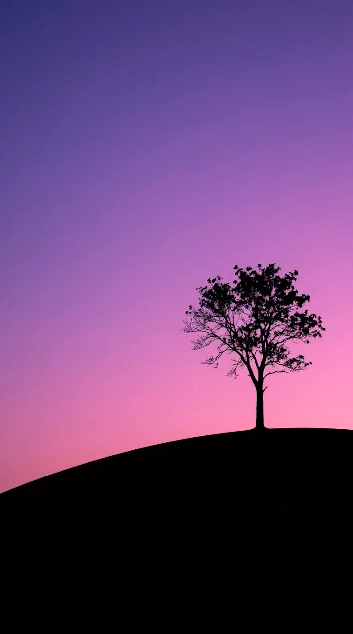 Minimalist Silhouette of a Lone Tree on a Hill Against Twilight Sky - Free Mobile AMOLED Wallpaper Background