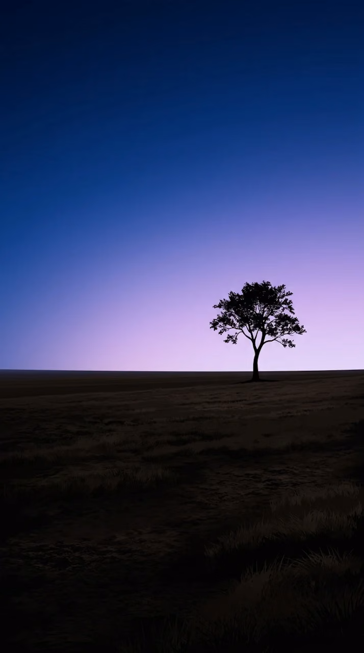 Minimalist Silhouette of a Lone Tree in a Vast Field at Twilight - Free Mobile AMOLED Wallpaper Background