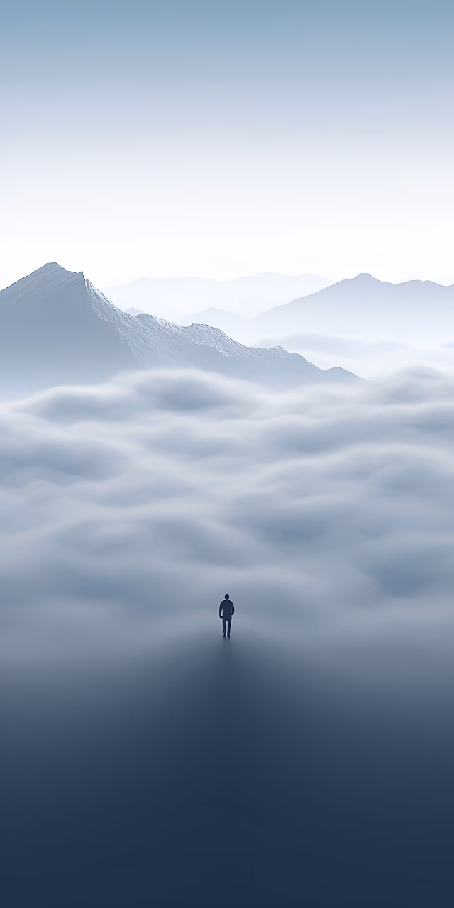 Download Minimalist Solitude Man Walking Above Foggy Mountains Wallpaper in Mobile HD Minimalist Solitude Man Walking Above Foggy Mountains - Free Mobile AMOLED Wallpaper Background