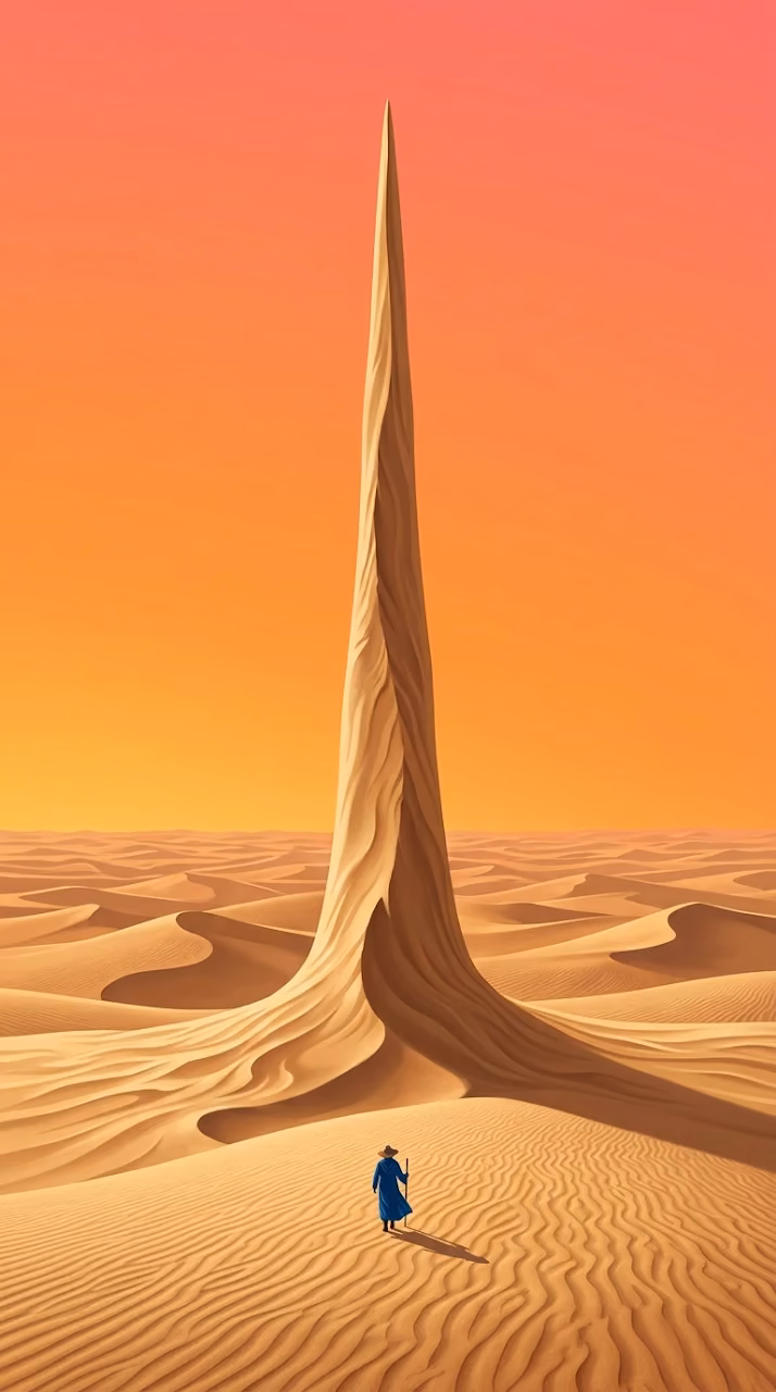 Minimalist Surreal Desert with Colossal Needle-Like Dune and Traveler - Free Mobile AMOLED Wallpaper Background