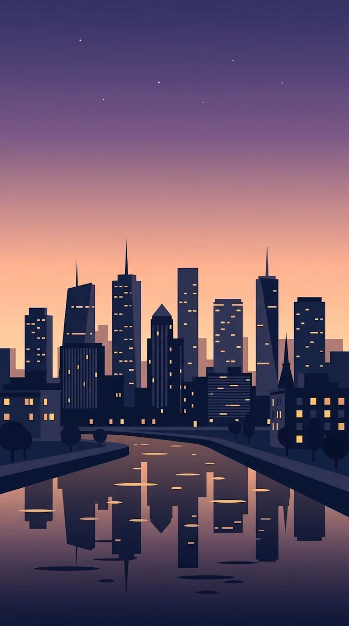 Download Minimalist Urban Skyline at Dusk with Purple and Peach Sky Wallpaper in Mobile HD Minimalist Urban Skyline at Dusk with Purple and Peach Sky - Free Mobile AMOLED Wallpaper Background