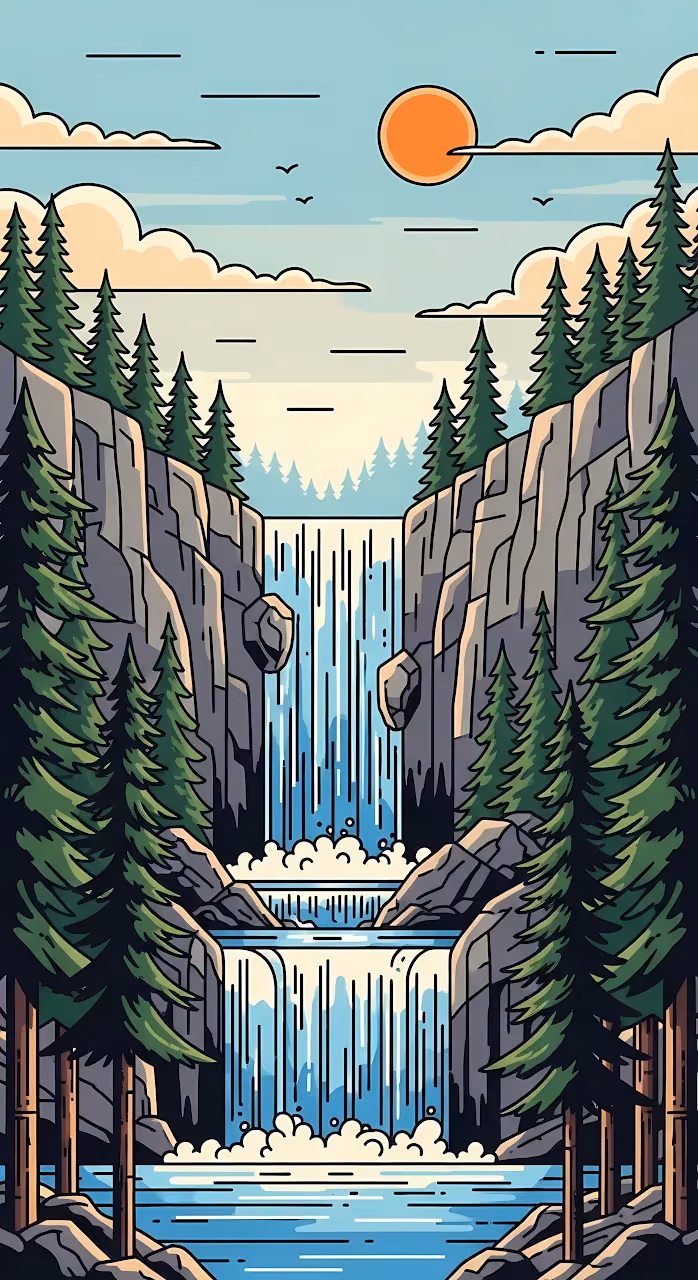 Minimalist Vector Art Waterfall and Pine Forest - Free Mobile AMOLED Wallpaper Background