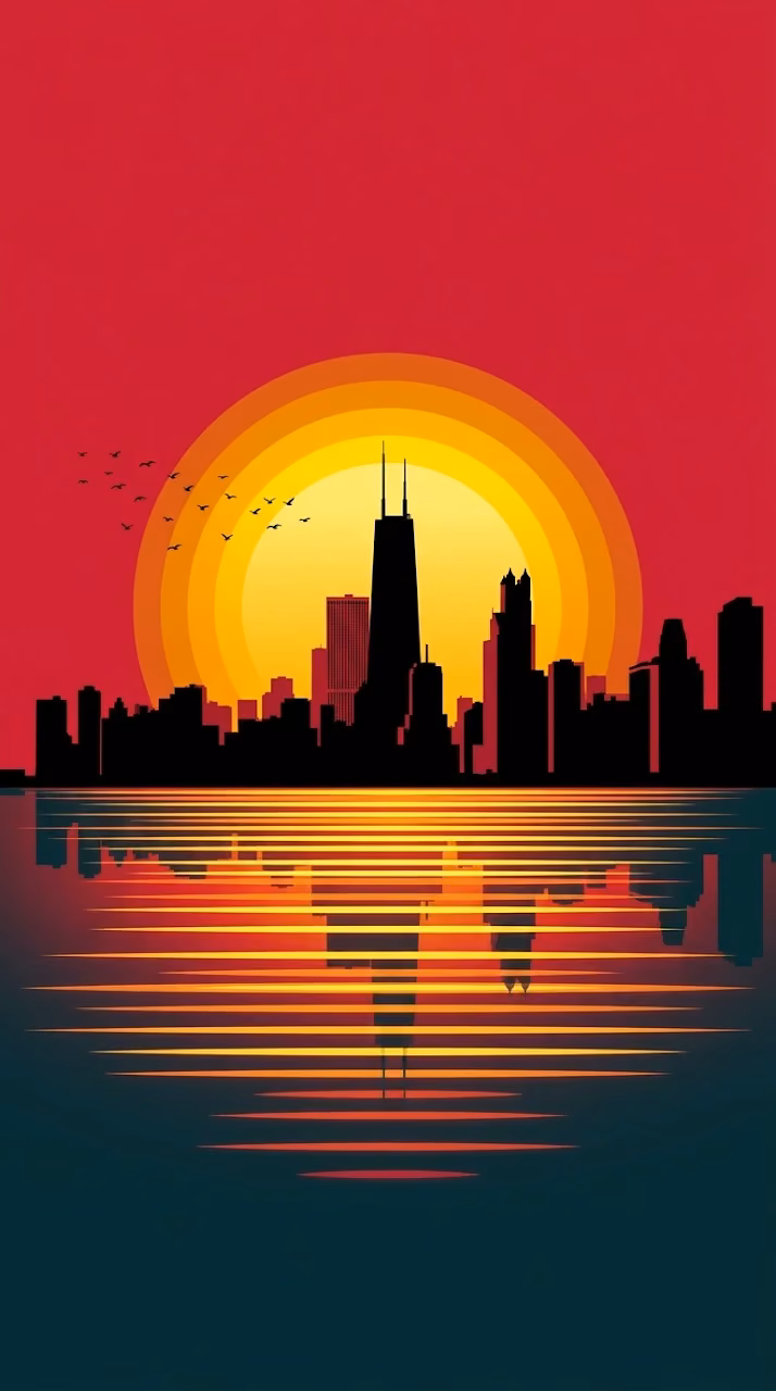 Minimalist Vector Illustration of Chicago Skyline at Giant Orange Sunset - Free Mobile AMOLED Wallpaper Background
