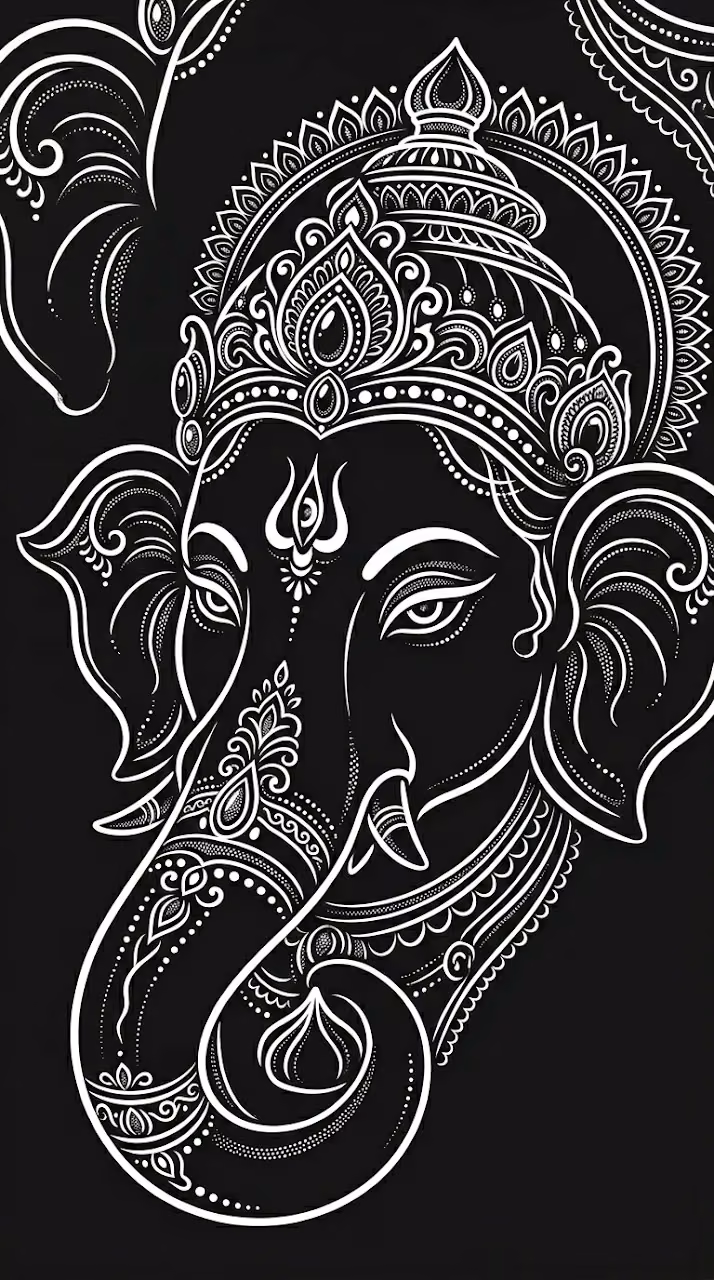 Minimalist White Line Art of Lord Ganesha Head on Black Background - Free Mobile AMOLED Wallpaper Background