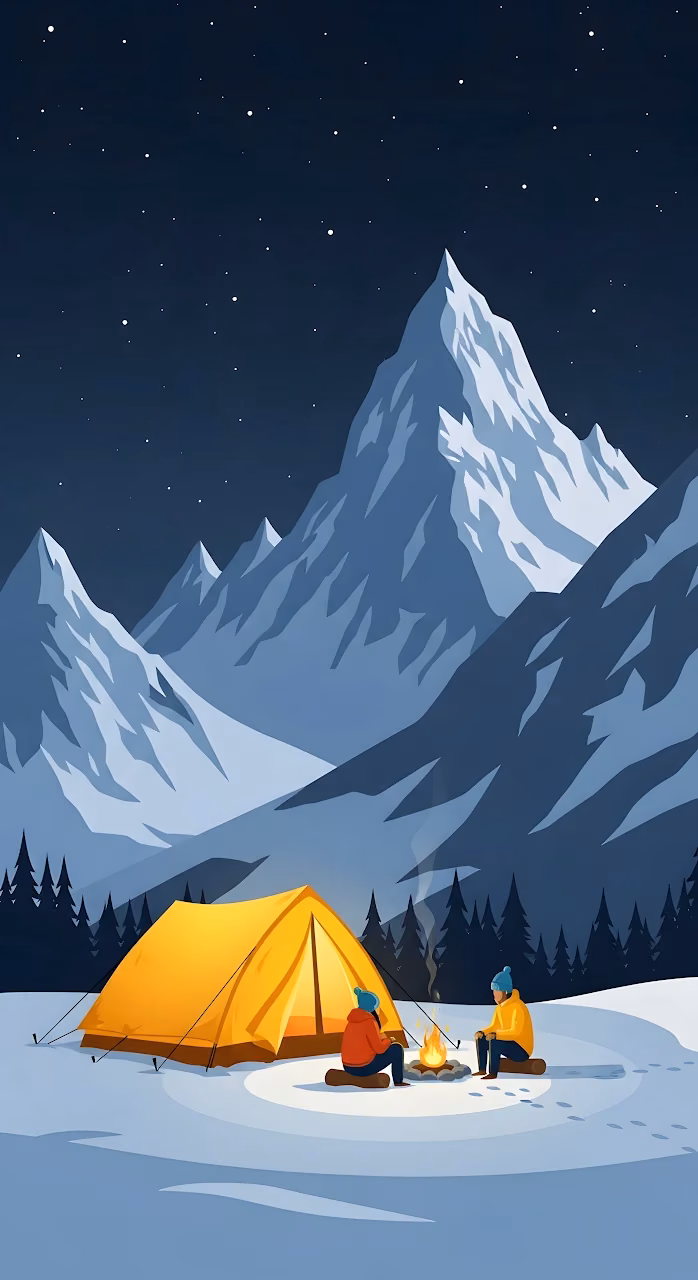 Minimalist Winter Camping Scene under Starry Mountain Sky - Free Mobile AMOLED Wallpaper Background