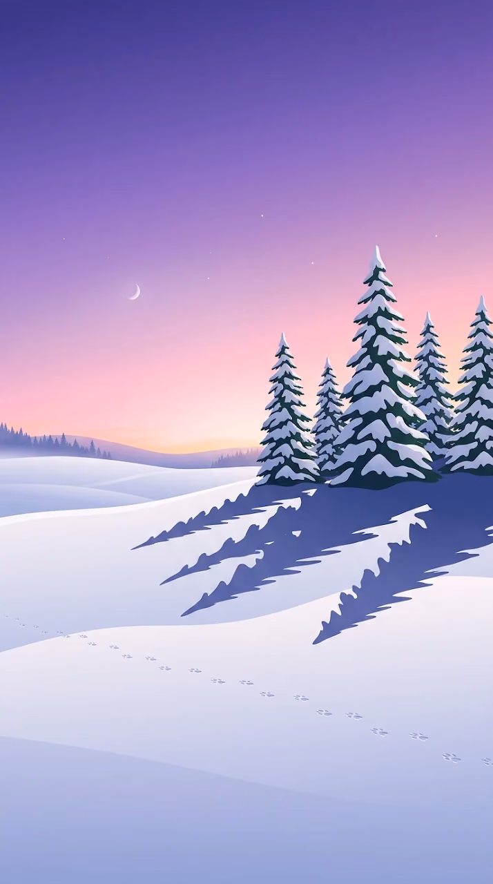 Minimalist Winter Landscape at Dusk with Pine Trees and Violet Sky - Free Mobile AMOLED Wallpaper Background