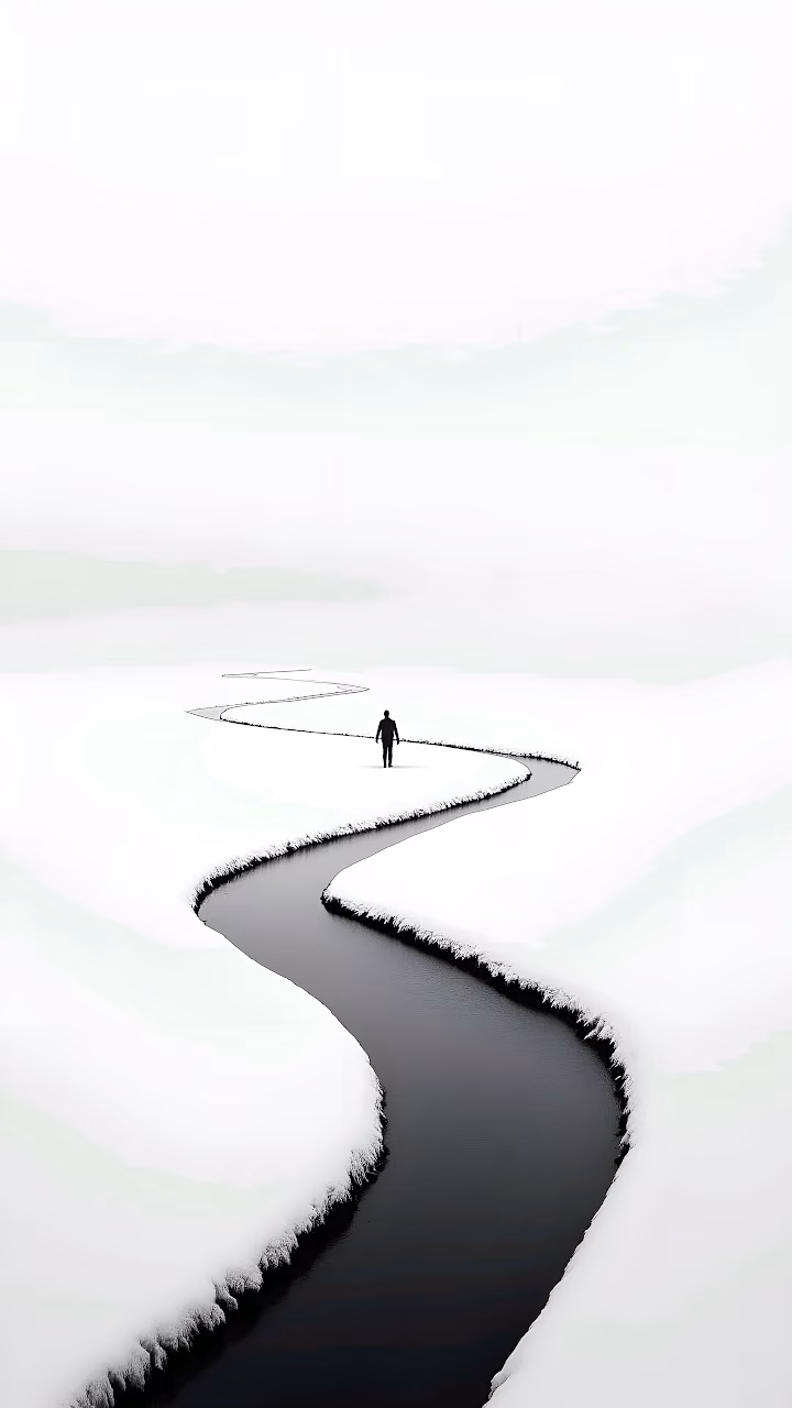 Minimalist Winter River Path, Solitary Figure - Free Mobile AMOLED Wallpaper Background
