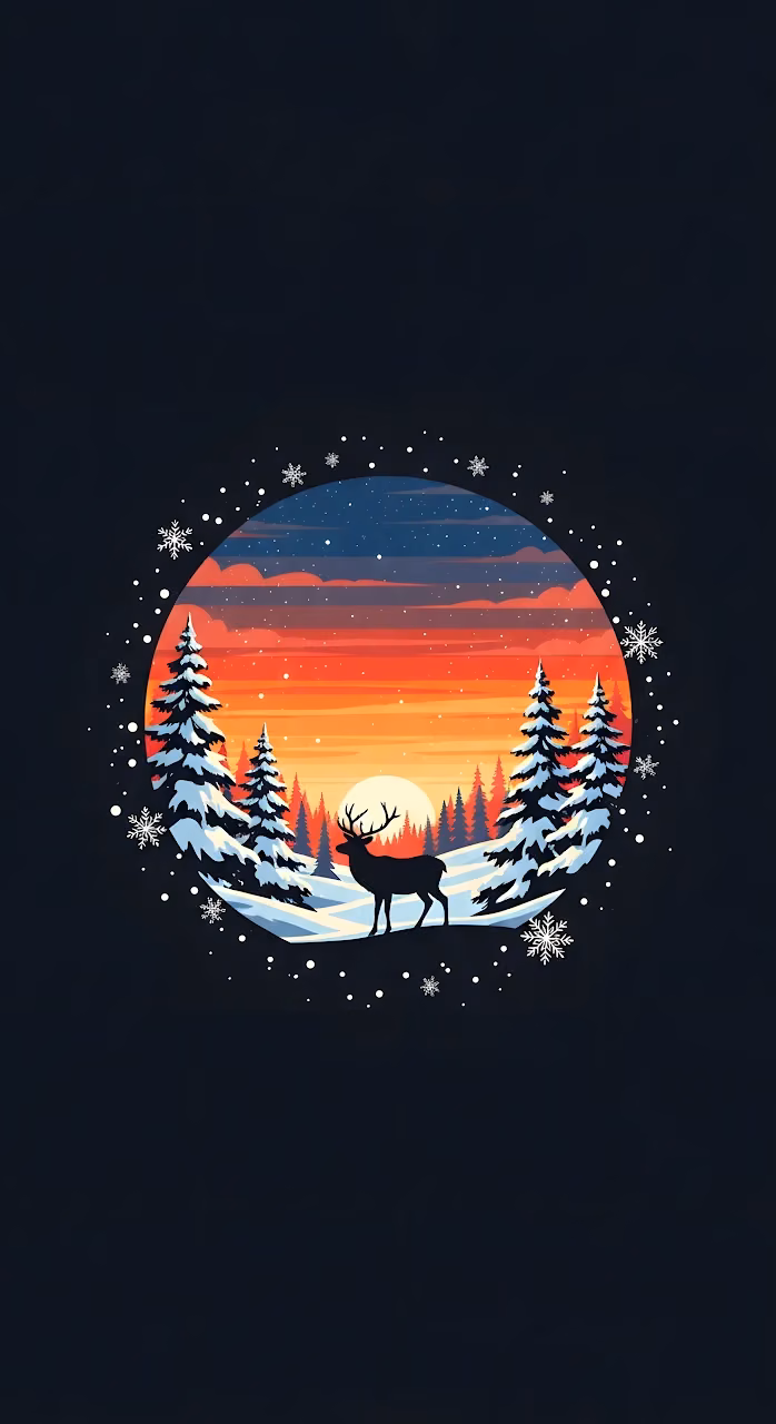 Minimalist Winter Sunset Deer Silhouette Illustration - Free Mobile AMOLED Wallpaper Background