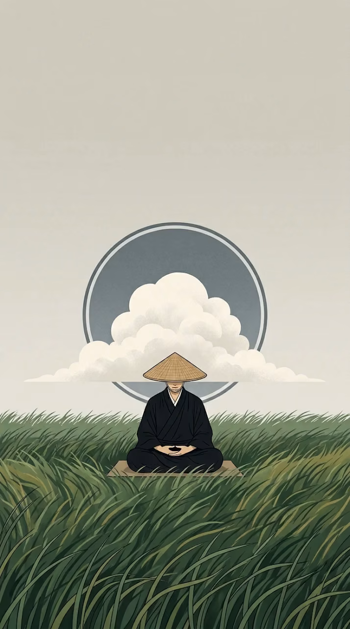 Minimalist Zen Monk Meditating on Grass with a Cloud Halo - Free Mobile AMOLED Wallpaper Background