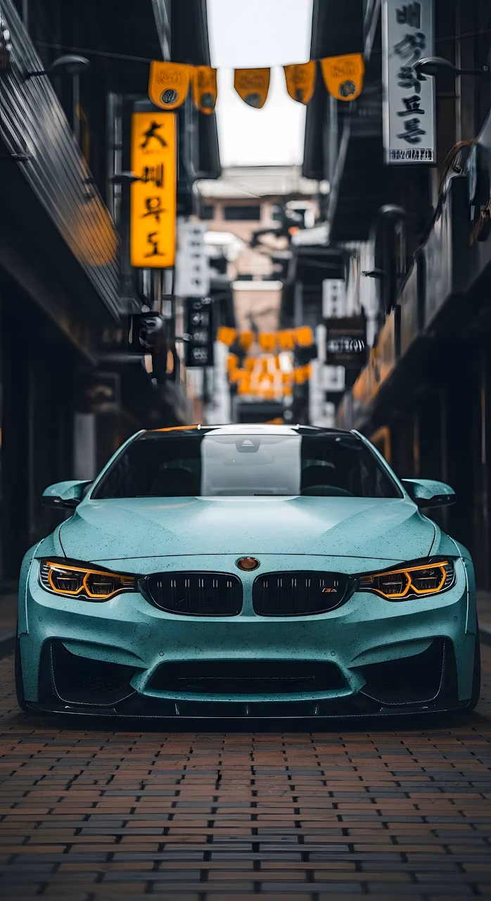 Mint Green BMW M4 Performance Car Urban Street Scene - Free Mobile AMOLED Wallpaper Background