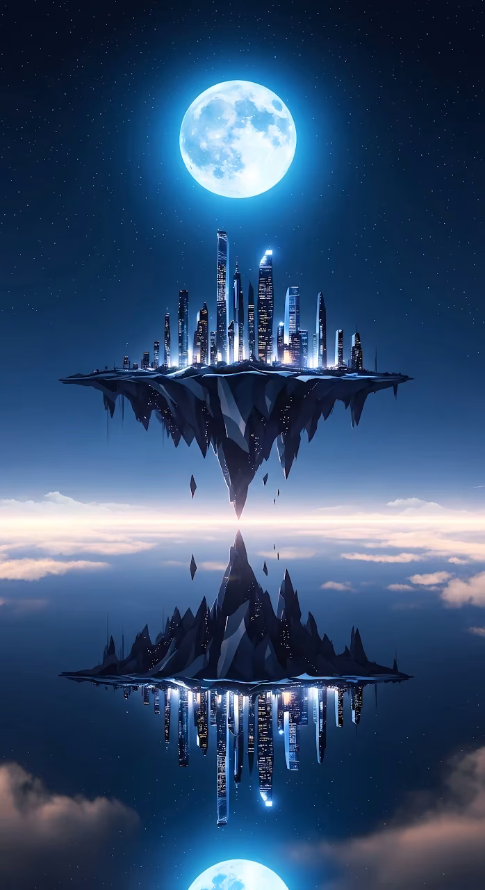 Mirrored Floating City Under a Bright Blue Moon - Free Mobile AMOLED Wallpaper Background