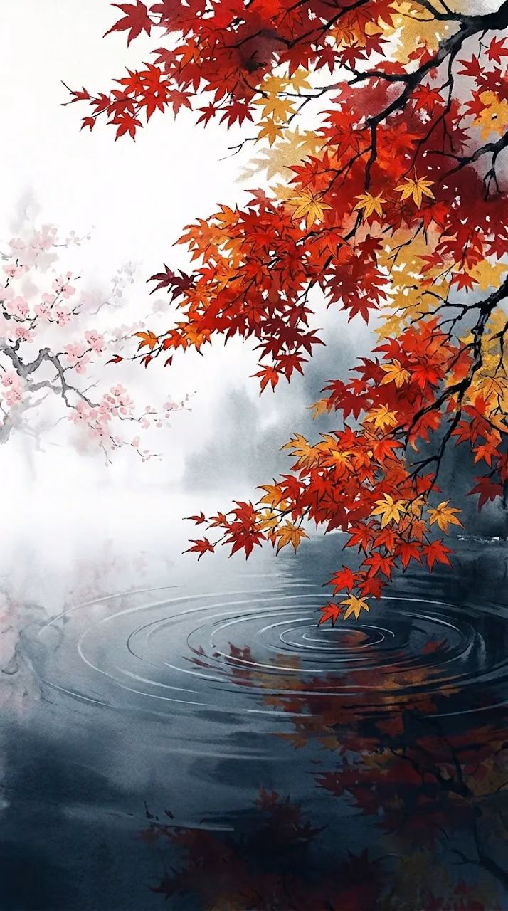 Misty Asian Autumn Leaves and Water Reflections Wallpaper - Free Mobile AMOLED Wallpaper Background